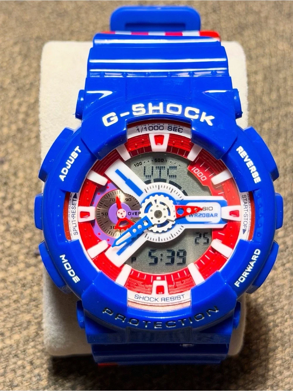 Casio G-Shock Blue Watch with Red and White Accents